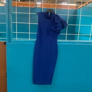 Sleeveless Royal Blue Midi Dress with Ruffle Shoulder